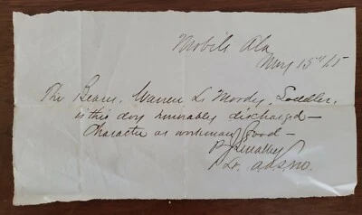 $18 • Buy Civil War Discharge Letter Ephemera Mobile AL By P.J. Smalley To Warren L. Moody