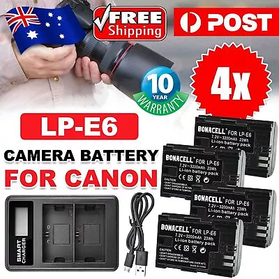 4X 3200mAh LP-E6 Battery + Charger For Canon EOS 5D 6D 7D 60D 70D 80D Mark III E • $38.99