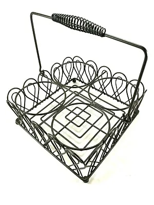 French Wire Kitchen Utensil Holder Caddy Square W/ Handle Black Metal Shabby • $15