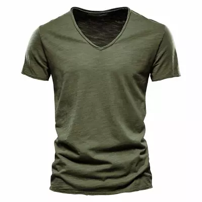 Mens Tops Fashion V Neck Slim Fit T-Shirt Casual Soild Cotton Short Sleeve Tees • $13.89