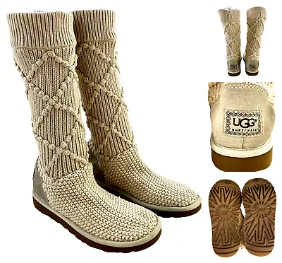 UGG Classic Cardy Argyle Knit Tall Boots Womens Size 7 M Ivory Beige Cream • $59.89