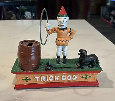 VINTAGE CAST IRON TRICK DOG Circus Clown Mechanical Coin Bank Metal Toy WORKS • $27