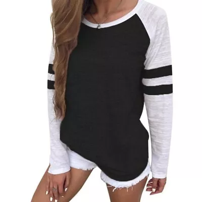 Women Striped Splice Long Sleeve Raglan Shirt Crew Neck Colorblock Baseball Top • £10.34