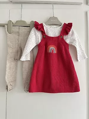 Baby Girls 0-3 Months NEXT Outfit Red Dress Rainbow Spots Tights GC • £6.99