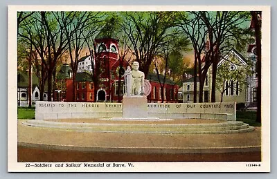 Soldiers Sailors' Memorial Barre Vermont WWI Country's Youth WB Postcard Vtg A12 • $5.99