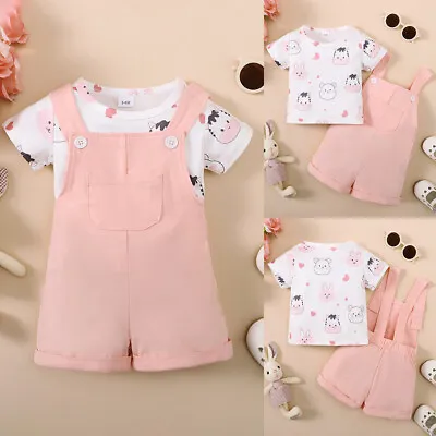 Infant Baby Girls Print Tops Overalls Suspender Romper Pants Outfits Set Clothes • £8.79