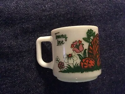 Adorable Milk Glass Coffee Mugs Tiger Tommy Love Conquers All Vintage Tea Cups  • $15