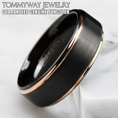 Tungsten Carbide Ring Rose Gold-Plated Black Brushed Wedding Band Men's Jewelry • $13.99