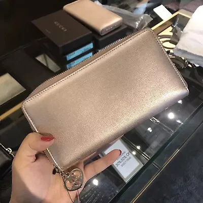 New Gucci Women's Rose Quartz Metallic Leather Zip Around Wallet 308005 5711 • $399.99