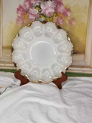 Vtg  Anchor Hocking White Milk Glass Deviled Egg  Platter Gold Trim. 9.5  Unmark • $14