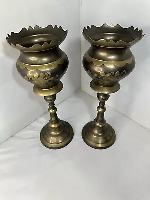 Vintage Pair PWF Solid India Brass Black Vases Crowned Candle Holders 13.5” Tall • $48.85