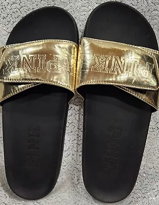 Victoria's Secret VS PINK Adjustable Strap Slides Sandal  Gold Big L 9 - 10 • $13.20