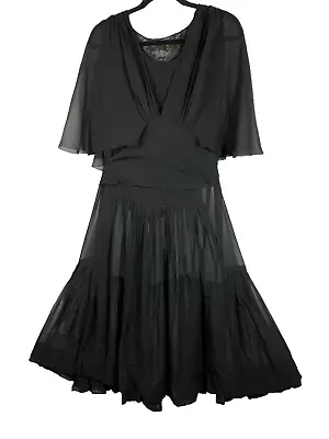 XL 20s Black Silk Flutter Shoulder Dress Flapper 20s Large • $79.99