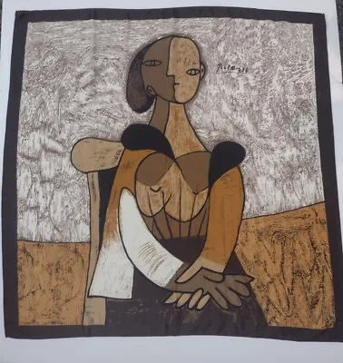Vintage French Silk Scarf Portrait Of  Femme Assise  After Picasso. 33  X 33  • $39