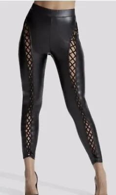 Ann Summers Lace Up Black PU Wetlook Leggings 2XL 24-26 Worn Once Sexy • £9.95