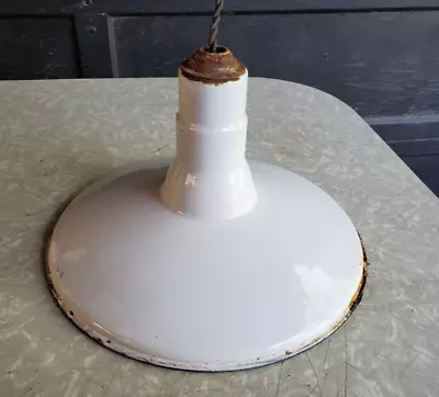 Vintage Benjamin 14  White Porcelain Enamel Industrial Light Fixture Shade • $39.95