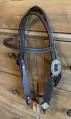 Basket Stamped Leather Browband Headstall W/Antiqued Buckles And Crystal Conchos • $46.99