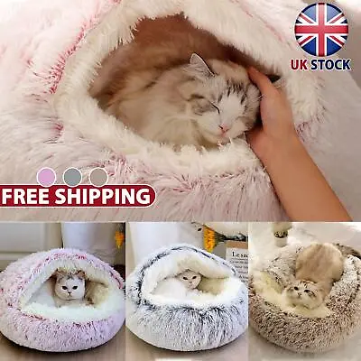 Pet Dog Cat Calming Bed Fluffy Hooded Warm Cozy Puppy Cave Sleeping Cushion • £13.89