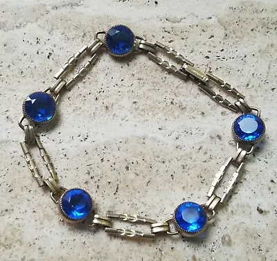 Vintage Simmons Gold Tone Metal And Cobalt Blue Rhinestone Paste Bracelet • $42