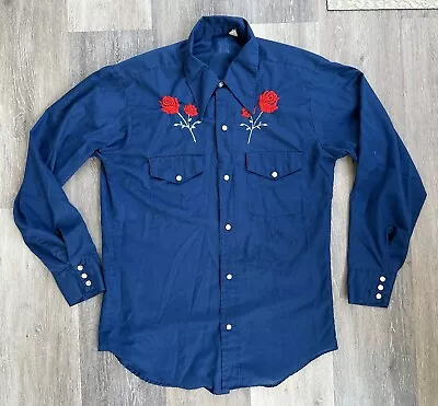 Mens Blue Western Shirt Embroidered Rose Pearl Snap Medium 15-15.5 Vintage 1980s • $14.99