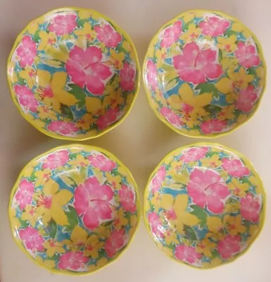 Nicole Miller Home Set Of 4 Yellow & Pink Bowls Floral Hibiscus Hawaii Melamine • $15