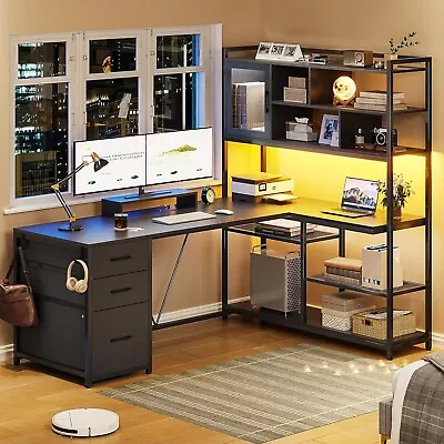 58.3  LED Computer Desk L Shaped Home Office Desk With Bookshelf & Drawers Black • $209.89