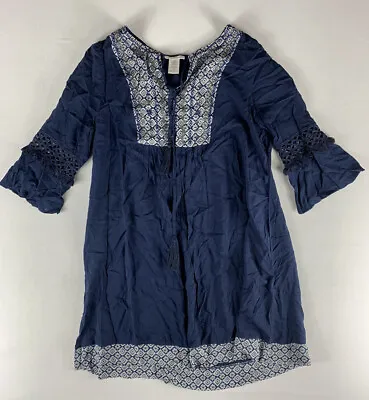 Esley Dress Boho Tunic Blue Women Medium Laced Sleeves Floral • $4