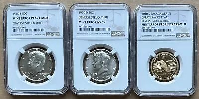 3pc Lot Ngc Struck Thru Error Coins 1969s & 1970d Kennedy 50c 2010s Sacagawea $1 • $11.50