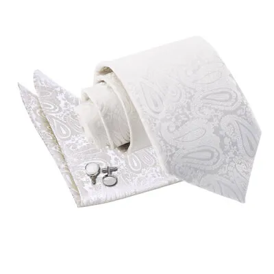 Mens Tie Hanky Cufflinks Set Woven Floral Paisley Ivory Classic Skinny By DQT • £7.99