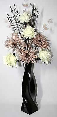 Artificial Silk Flower Arrangement Mink & Cream In Black Modern Vase 80cm Tall. • £29.99