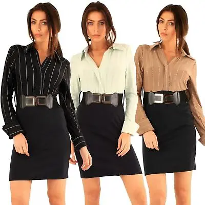 £7.99 • Buy Women Casual Party Dress With Detachable Belt Long Sleeve Summer Collared Shirt
