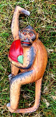 Vtg Hand Carved & Painted Wooden Hanging Monkey W/ Coconut Fruit Yard Art Cute B • $22.99