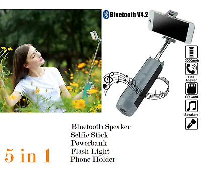 Portable 5-In-1 Outdoor Bluetooth Speaker Handheld Selfie Stick Power Bank • $19.96