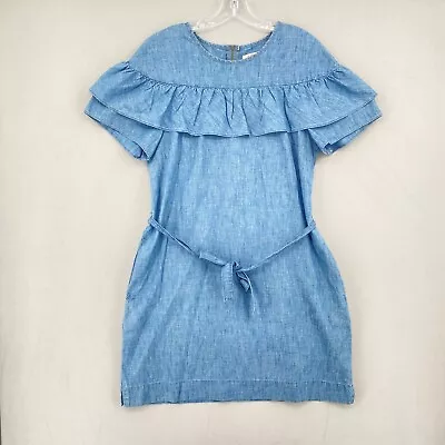 J Crew Chambray Edie Dress Women 10 Blue Ruffled Fluitter Sleeve Belted Pockets • $34.99