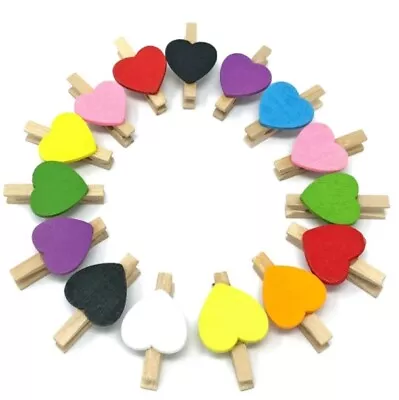 Mini Wooden Pegs With Colour Hearts Craft Wedding Photo Clips Wood 3x1.7cm • £2.40