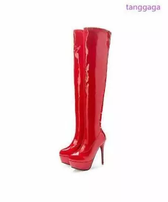 Womens Knee High Boots Platform Patent Leather Stilettos Heels Solid Shoes • $74.38