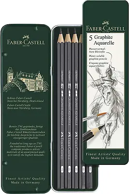 Faber-Castell 5 Piece Quality Water-Soluble Graphite Aquarelle Pencils In A Tin • £12.69