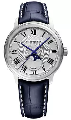 Raymond Weil Maestro Automatic Steel Moonphase Leather Mens Watch 2239-STC-00659 • $1149