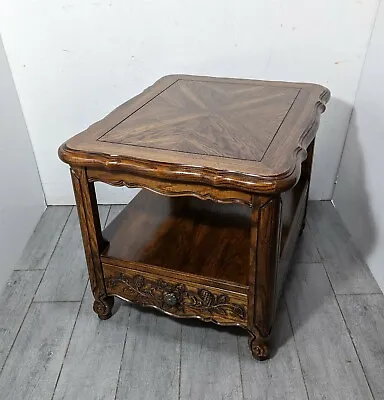 Vintage Thomasville French Country Carved Oak Wood 2-Tier End Table With Drawer • $360