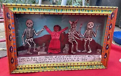 Mexican Folk Art Woman Finds Skeleton Fiesta In The Desert Ex Voto Retablo Box • $100