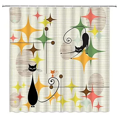 Mid Century Modern Shower Curtain Black Cat Starbursts ?Atomic Stars ?Abstract I • $23.06