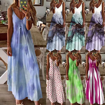 Women Boho Floral Strappy Maxi Long Dress V Neck Summer Beach Loose Dresses Size • £14.69