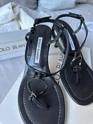 Y2K Patent Black Vintage Manolo Blahnik Thong Sandals Euro 38.5 • £89.99