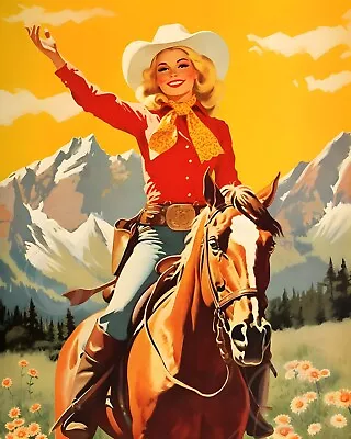 Cowgirl Riding Horse 1960's Poster Grand Tetons Wyoming Giclée Art Print 8x10 • $7.99