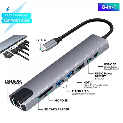 $26.99 • Buy 8-in-1 USB-C Hub Adapter Type-C USB 4K HDMI For MacBook Pro/Air IPad Pro Laptop
