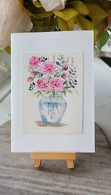 Original Hand Painted WATERCOLOR Keepsake Greeting Card Peonies NOT A PRINT • £6.99