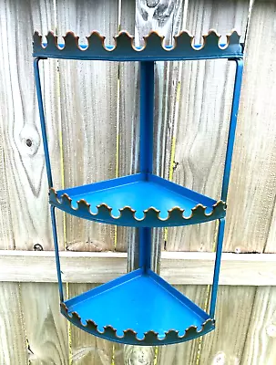 Vtg 3 Tier Tole Blue Corner Wall Hanging Shelf Scalloped Gold Edges Palm Beach • $99.95