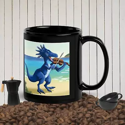 Blue Spinosaurus Plays The Violin On The Beach - Black Glossy Mug • $12.50