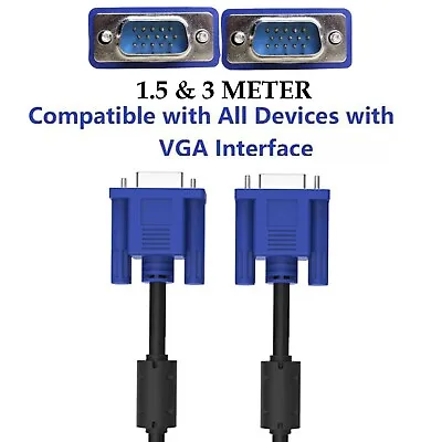 VGA SVGA 1.5M / 3M 15 Pin Monitor Extension Cable Male To Male Lead For TV LCD • £2.60