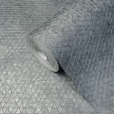 Dark Gray Gunmetal Silver Metallic Square Triangle Tiles Line Textured Wallpaper • $4.44